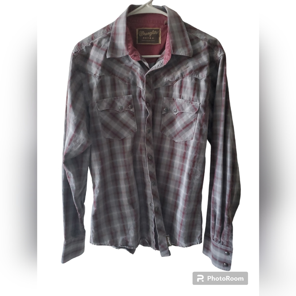Mens Wrangler Retro Premium Western Shirt long‎ sleeve size M blue grey burgundy